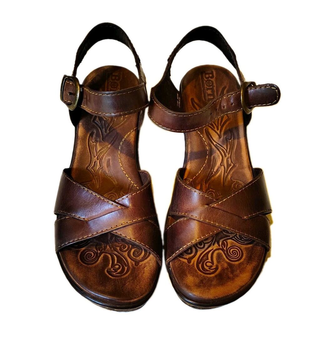 Börn Brown Leather Ankle Strap Wedge Sandals Size 7/38 (Style D19306)
